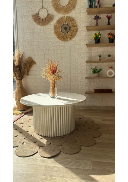 Concept Çıta Ayaklı Orta Sehpa Ahşap Yuvarlak Beyaz Renkli Sabit Orta Sehpa (Çap 80 cm )