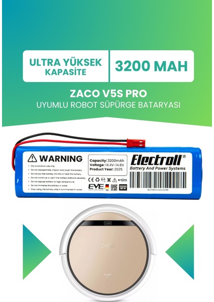 Zaco V5s Pro Uyumlu Batarya (ULTRA YÜKSEK KAPASİTE) 3200mah Pil Robot Süpürge Batarya Değişimi