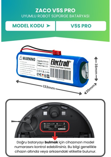 Zaco V5s Pro Uyumlu Batarya (ULTRA YÜKSEK KAPASİTE) 3200mah Pil Robot Süpürge Batarya Değişimi