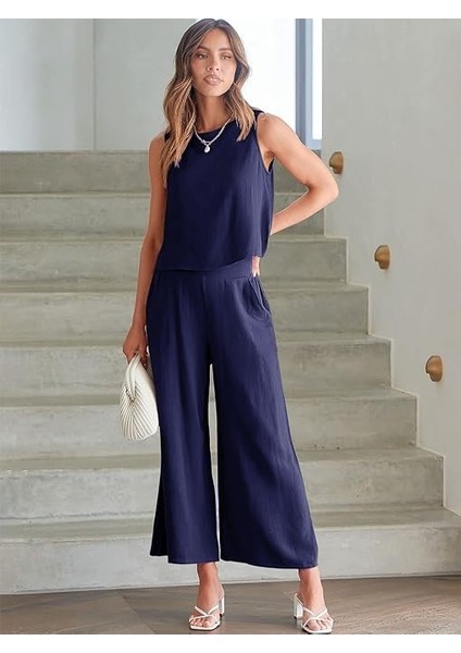 Keten Yazlık Yüksel Bel Capri Pantolon Sırt Detaylı Kolsuz Ikili Takım Ln26Lacı4 modelleri