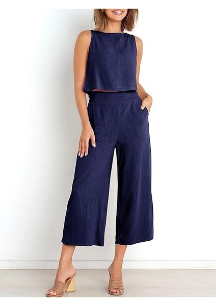 Keten Yazlık Yüksel Bel Capri Pantolon Sırt Detaylı Kolsuz Ikili Takım Ln26Lacı4