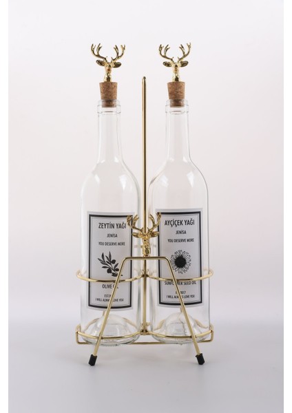 Altın Renk Geyik Aksesuarlı Altın Standlı Geyik Mantar Tıpalı Şeffaf Şişe Yağdanlık Yağlık