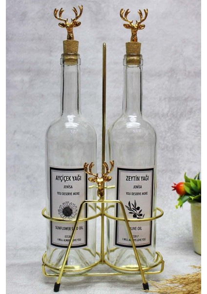 Altın Renk Geyik Aksesuarlı Altın Standlı Geyik Mantar Tıpalı Şeffaf Şişe Yağdanlık Yağlık fiyatları