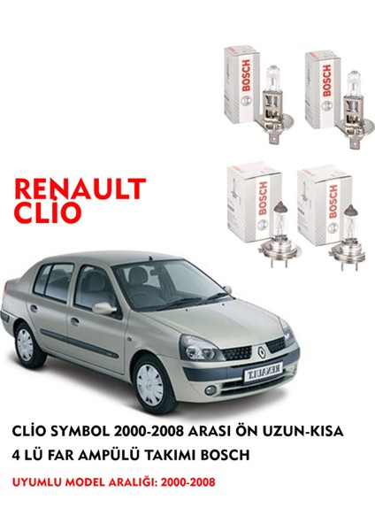 Clio Symbol 2005 Model Ön Uzun-Kısa 4 Lü Far Ampülü Takımı (Sarı Renk)