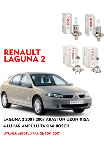 Laguna 2 2001-2007 Arası Ön Uzun-Kısa 4 Lü Far Ampülü Takımı (Sarı Renk)