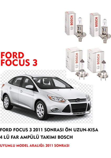 Ford Focus 3 2011 Sonrası Ön Uzun-Kısa 4 Lü Far Ampülü Takımı (Sarı Renk)