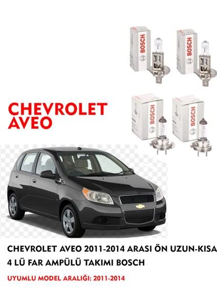 Chevrolet Aveo 2012 Model Ön Uzun-Kısa 4 Lü Far Ampülü Takımı (Sarı Renk)