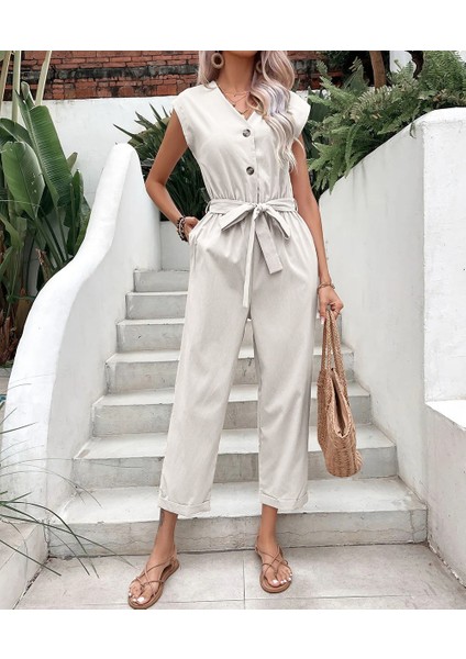 Barbora Keten Kadın V Yaka Tek Sıra Düğmeli Kolsuz Tulum LN28EKRU5