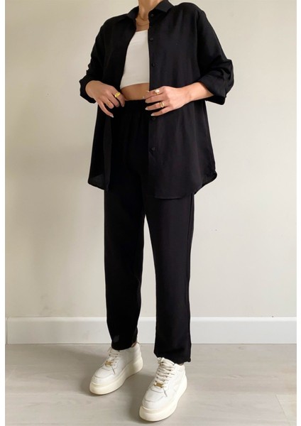 Keten Günlük Ikili Takım Elbise Pantolon Gömlek Ln21Sıyah20 fırsatları