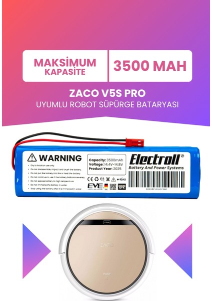 Zaco V5S Pro (Maksimum Kapasite) 3500MAH Robot Süpürge Bataryası