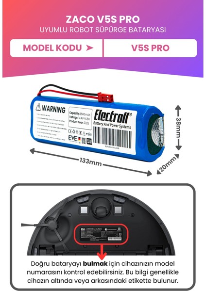 Zaco V5S Pro (Maksimum Kapasite) 3500MAH Robot Süpürge Bataryası fiyatları