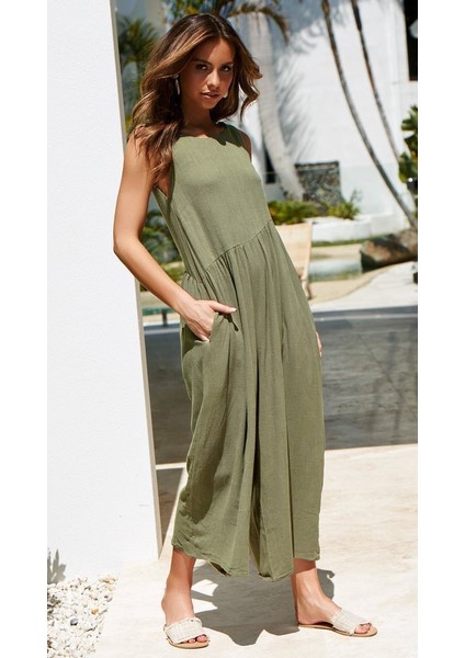 Keten Yazlık Günlük Sırt Dekolteli Salaş Kadın Tulum Ln212Hakı11 fiyatları