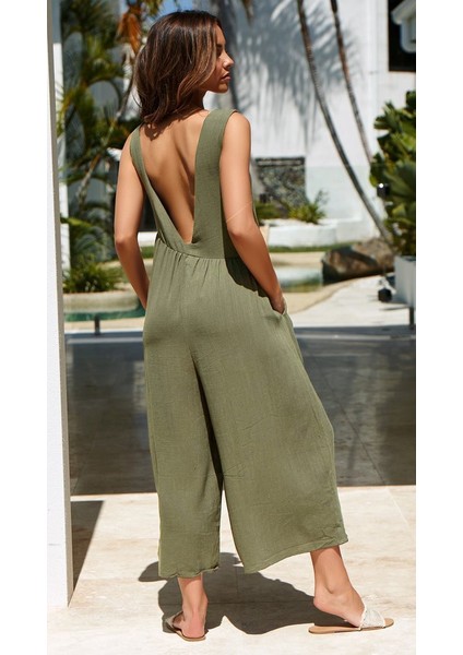 Keten Yazlık Günlük Sırt Dekolteli Salaş Kadın Tulum Ln212Hakı11 modelleri