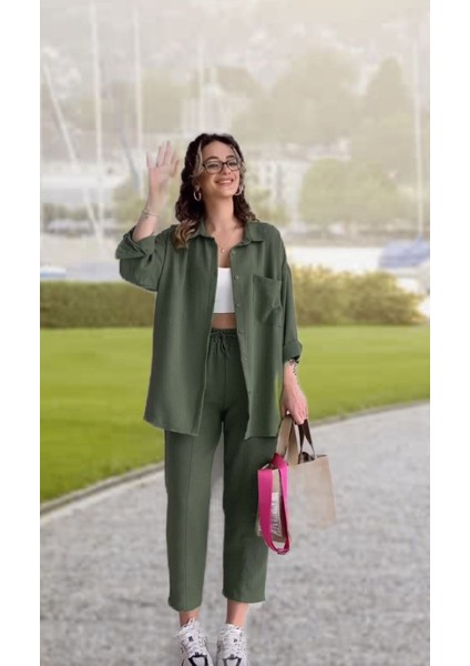 Barbora Keten Günlük Ikili Takım Elbise Pantolon Gömlek LN21HAKI15