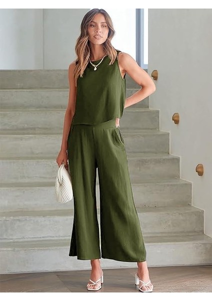 Keten Yazlık Yüksel Bel Capri Pantolon Sırt Detaylı Kolsuz İkili Takım modelleri