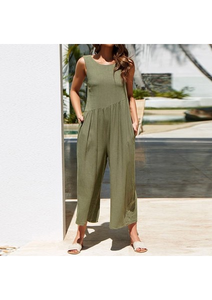 Keten Yazlık Günlük Sırt Dekolteli Salaş Kadın Tulum LN212HAKI9