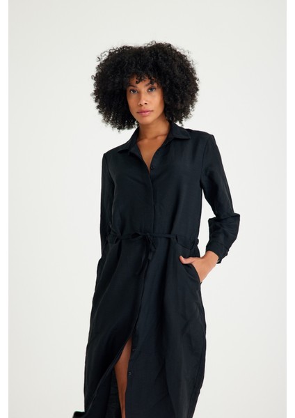 Keten Günlük Rahat Beli Bağcık Detaylı Uzun Kol Elbise modelleri