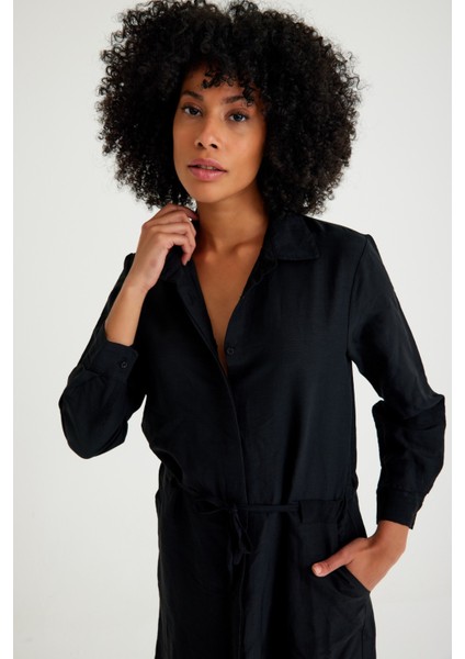 Keten Günlük Rahat Beli Bağcık Detaylı Uzun Kol Elbise