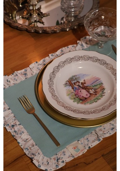 Amerikan Servis Fırfırlı Çiçekli Vintage Mavi Duck Keten 2ADET fiyatları