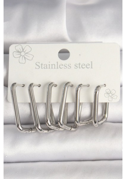 316L Çelik Gümüş Renk Kare Model Kadın Küpe Seti