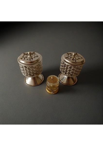 Gümüş Renk 2 Adet Şık Tasarımlı Metal Tütsü & Buhurdanlık Seti (Simli Mum Hediyeli) Mod3 modelleri