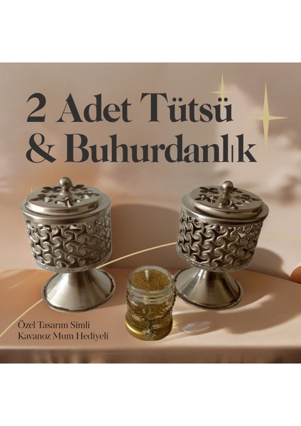 2 Adet Gümüş Renk Şık Tasarımlı Metal Tütsü & Buhurdanlık Seti (Simli Mum Hediyeli) Mod3