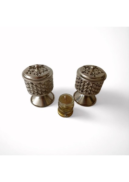 2 Adet Gümüş Renk Şık Tasarımlı Metal Tütsü & Buhurdanlık Seti (Simli Mum Hediyeli) Mod3 modelleri