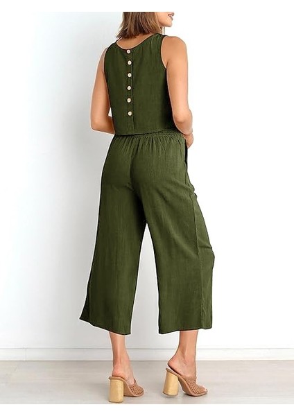 Keten Yazlık Yüksel Bel Capri Pantolon Sırt Detaylı Kolsuz İkili Takım fiyatları