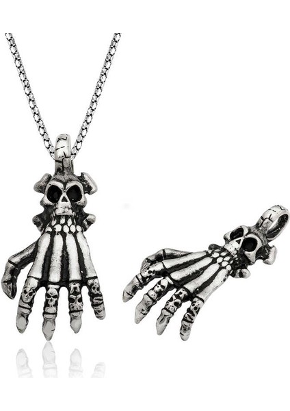 925 Ayar Gümüş Kuru Kafa El Erkek Gümüş Kolye