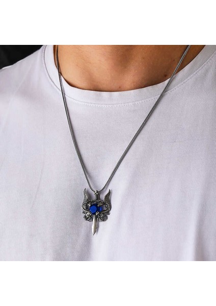 925 Ayar Gümüş Mavi Taşlı Ejderha Erkek Kılıç Kolye