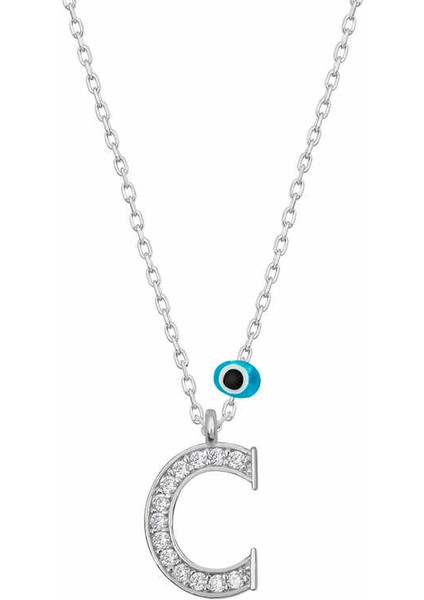 925 Ayar Gümüş Nazar Rodyum C Harfi Kadın Gümüş Kolye