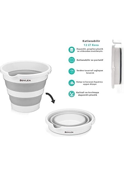 12 Litre Katlanabilir Kova - Akordiyon Katlanır Kova - Gri - 32.5 x 27.5 x 6 cm - Pp+ Tpr