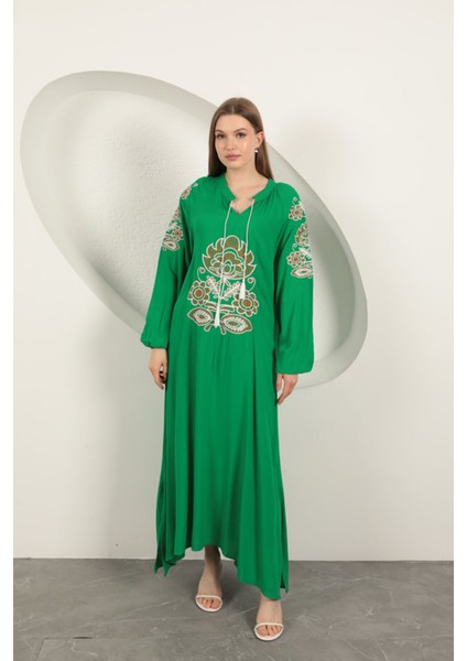 Viskon Kumaş Nakışlı Elbise-Yeşil fiyatları
