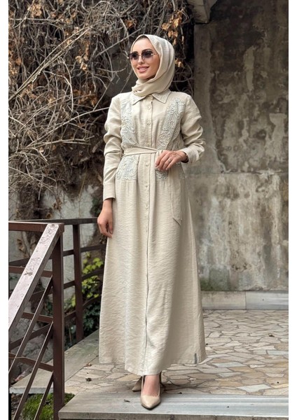 Naki & Mascara Dantel Detaylı Kuşaklı Elbise 25MY5102 Bej