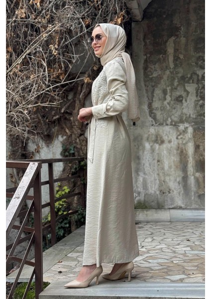 Naki & Mascara Dantel Detaylı Kuşaklı Elbise 25MY5102 Bej