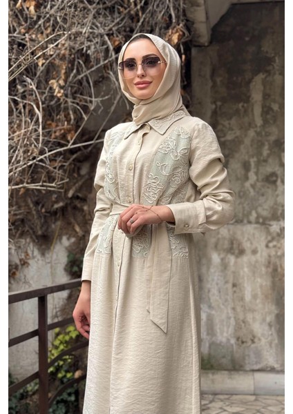 Naki & Mascara Dantel Detaylı Kuşaklı Elbise 25MY5102 Bej