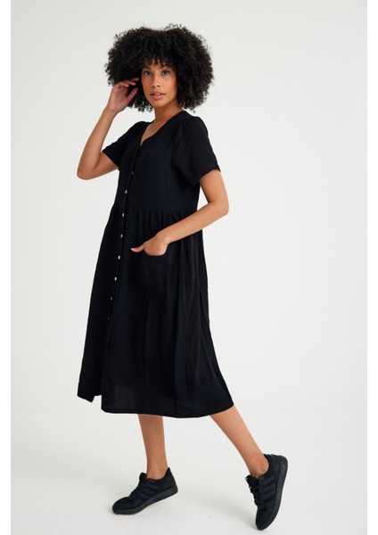 Keten Günlük Rahat V Yaka Beli Büzgü Detaylı Düğmeli Elbise modelleri