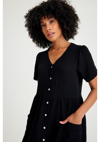 Keten Günlük Rahat V Yaka Beli Büzgü Detaylı Düğmeli Elbise