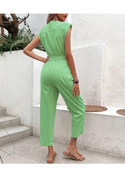 Keten Kadın V Yaka Tek Sıra Düğmeli Kolsuz Tulum LN28HAKI7