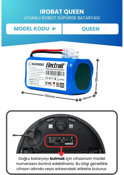 Irobat Queen Uyumlu Batarya (ORJİNAL KAPASİTE) 2600mah Pil Robot Süpürge Batarya Değişimi fiyatları