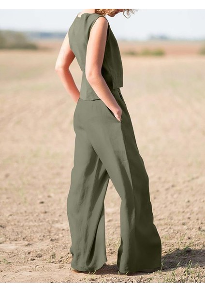 Barbora Keten Günlük Rahat Kolsuz Alt Üst Kadın Takım LN08HAKI15 modelleri