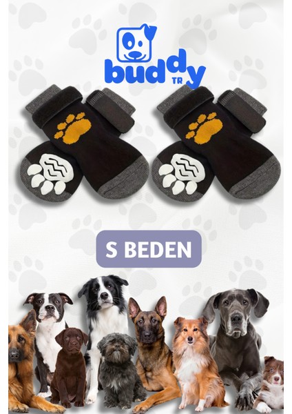 Kayma Önleyici Köpek Çorabı Siyah*Sarı - Ayarlanabilir Velcro Cırt Bant - S Beden 4 Adet