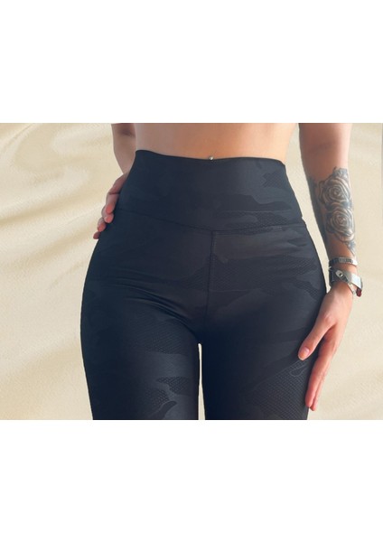 Lema Kamuflaj Desenli Siyah Toparlayıcı Tayt