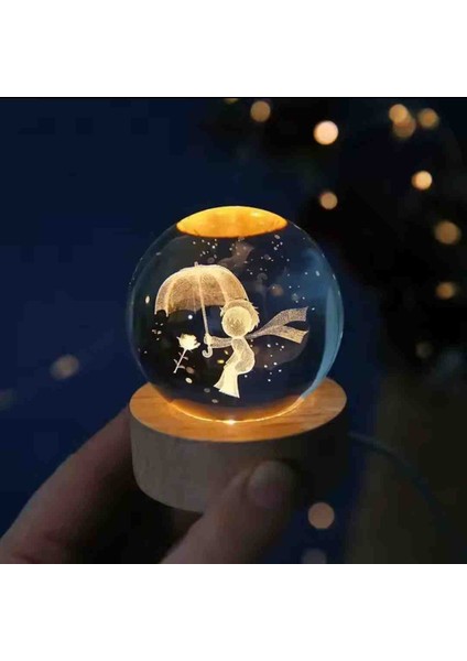 Kristal Cam Kar Küresi 3D Işıklı LED Lamba USB Kablolu Ahşap Standlı Özel Gün Işığı Dekoratif Hediyelik Konsept Masaüstü Aksesuar Şık Zarif Süs Biblo Dekor Top Özel Üretim Premium Ay Küre Seti