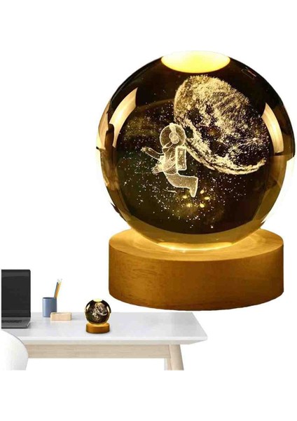 Kristal Cam Kar Küresi 3D Işıklı LED Lamba USB Kablolu Ahşap Standlı Özel Gün Işığı Dekoratif Hediyelik Konsept Masaüstü Aksesuar Şık Zarif Süs Biblo Dekor Top Özel Üretim Premium Ay Küre Seti