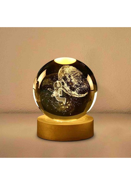Kristal Cam Kar Küresi 3D Işıklı LED Lamba USB Kablolu Ahşap Standlı Özel Gün Işığı Dekoratif Hediyelik Konsept Masaüstü Aksesuar Şık Zarif Süs Biblo Dekor Top Özel Üretim Premium Ay Küre Seti