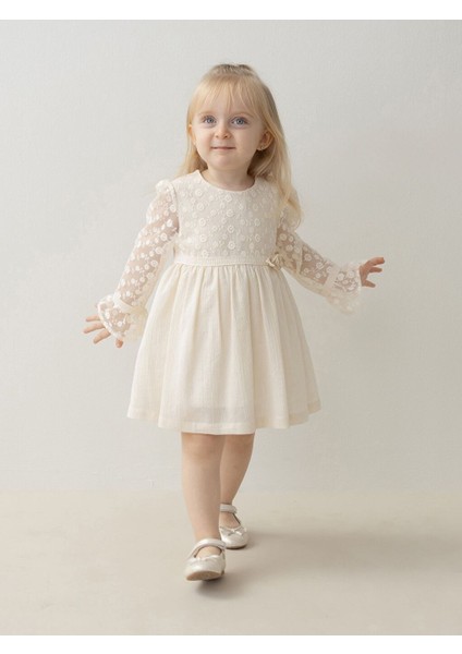 2-5 Yaş Bisiklet Yaka Uzun Kollu Kız Bebek Elbise mm 4375