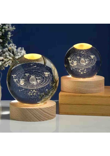 Kristal Cam Kar Küresi 3D Işıklı LED Lamba USB Kablolu Ahşap Standlı Özel Gün Işığı Dekoratif Hediyelik Konsept Masaüstü Aksesuar Şık Zarif Süs Biblo Dekor Top Özel Üretim Premium Ay Küre Seti