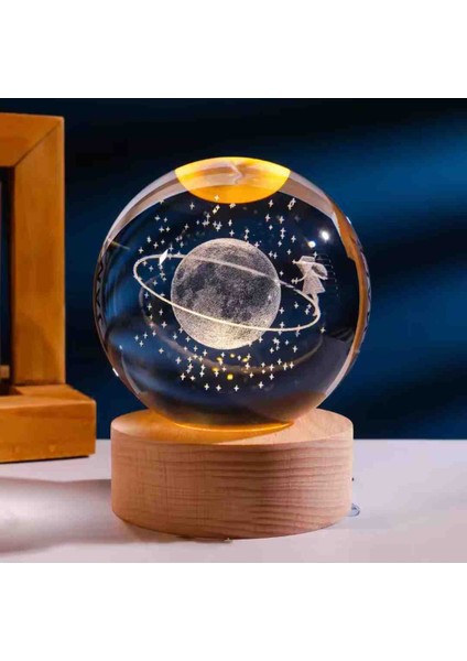 Kristal Cam Kar Küresi 3D Işıklı LED Lamba USB Kablolu Ahşap Standlı Özel Gün Işığı Dekoratif Hediyelik Konsept Masaüstü Aksesuar Şık Zarif Süs Biblo Dekor Top Özel Üretim Premium Ay Küre Seti