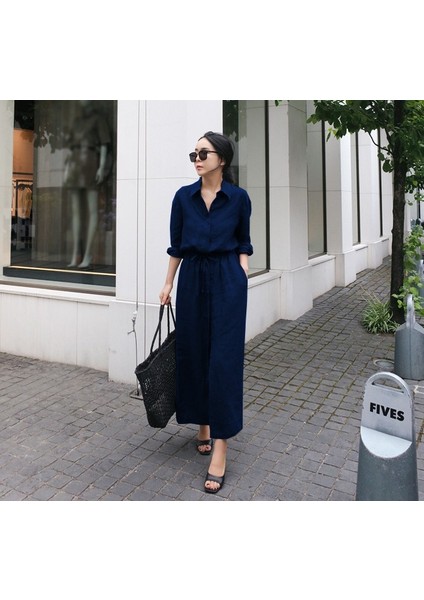 Barbora Keten Günlük Rahat Beli Bağcık Detaylı Uzun Kol Elbise Ln07Lacıvert10
